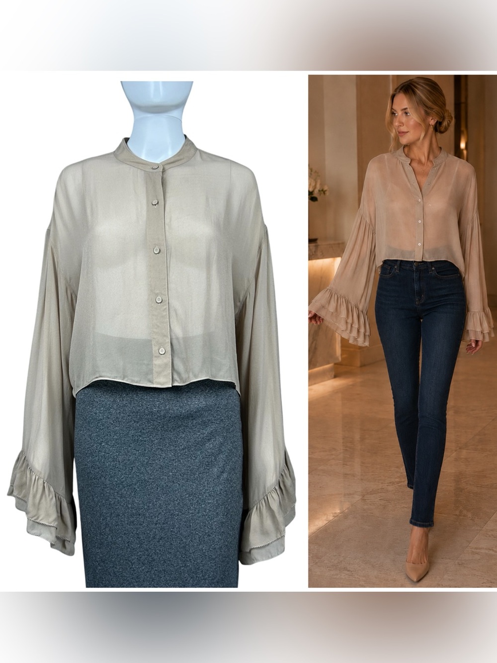 Favorite Daughter Belle Of The Ball Sheer Ruffle Sleeve Shirt Size S Beige RARE